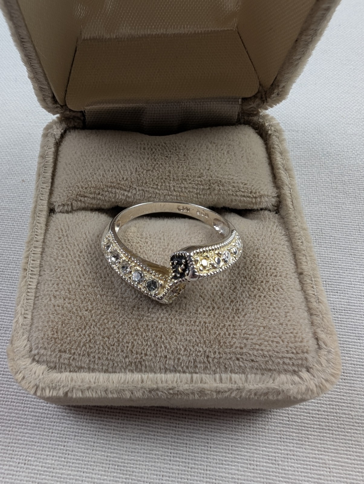 Charles Winston CW Sterling Silver Marcasite CZ Two Toned Bypass Ring Sz 7.5