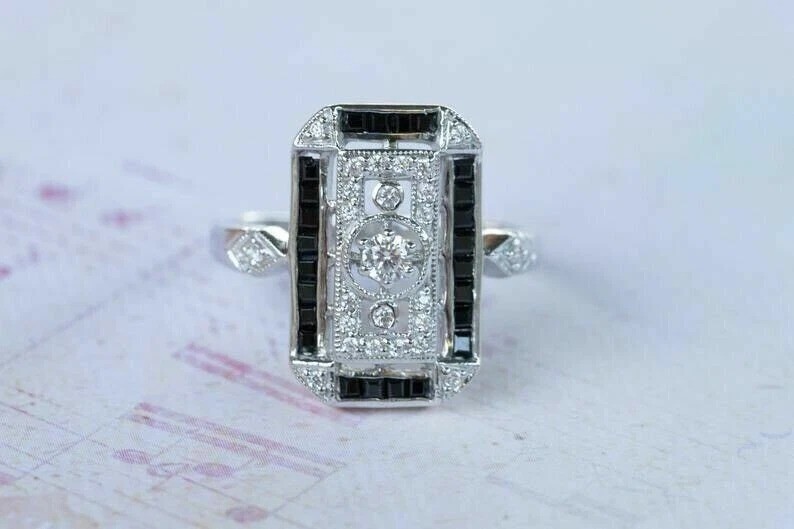 1.80Ct Art Deco Style Lab Created Diamond & Onyx Wedding 14K White Gold FN Ring