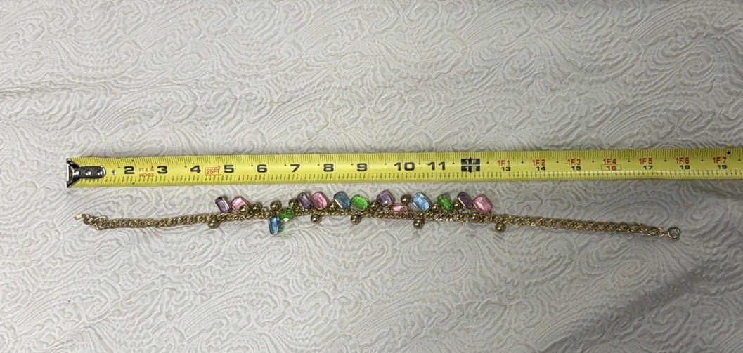 Vintage Gold Plated Multi Color Bezel Set Crystal & Gold Spacer 18” Necklace