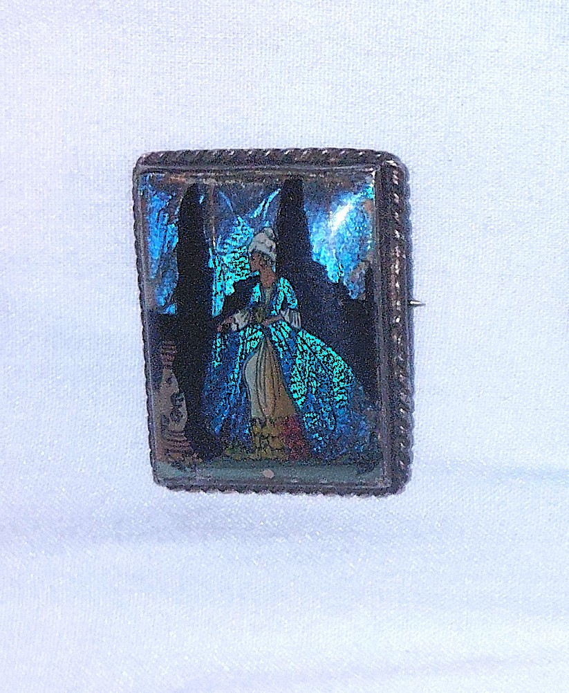 Vintage/Antique MORPHO BUTTERFLY WING Crinoline lady brooch-Sterling-England