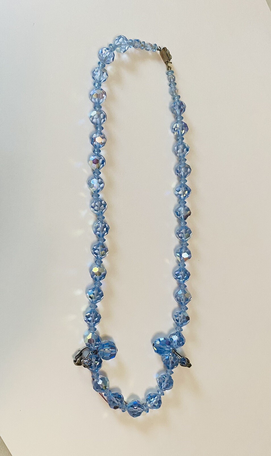 Aurora Borealis Icy Blue 22” Crystal Necklace & Earring Set. 1950’s