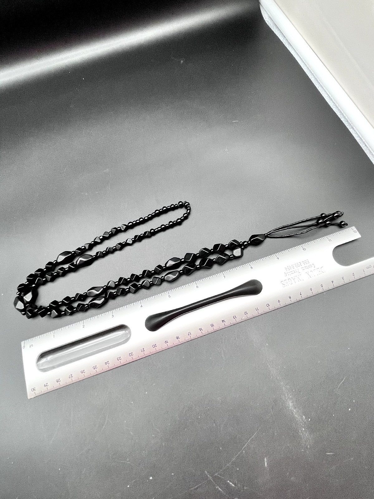 Vintage Long Cut Faceted Polished Black Glass Mourning Bead Tassel Necklace