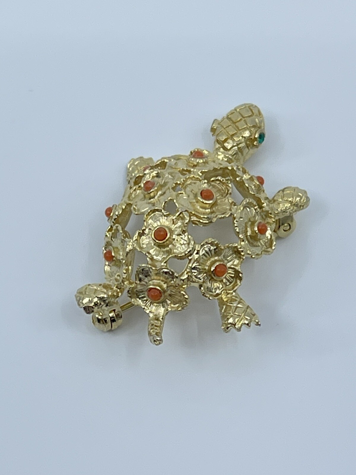 Vintage Brooch Pin De Nicola turtle faux coral and green rhinestone 1-3/4″