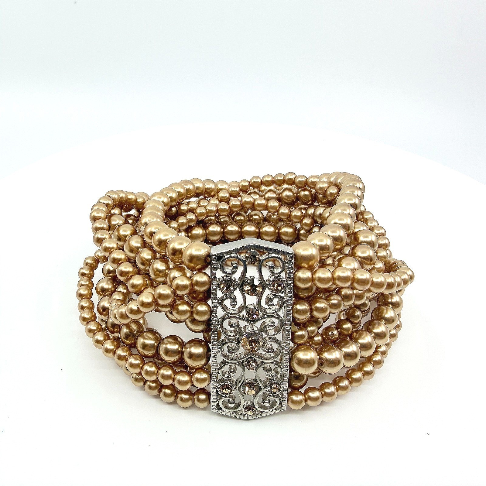 Bracelet Vintage Champagne Faux Pearl Multi Strand Silver Tone Filigree Retro