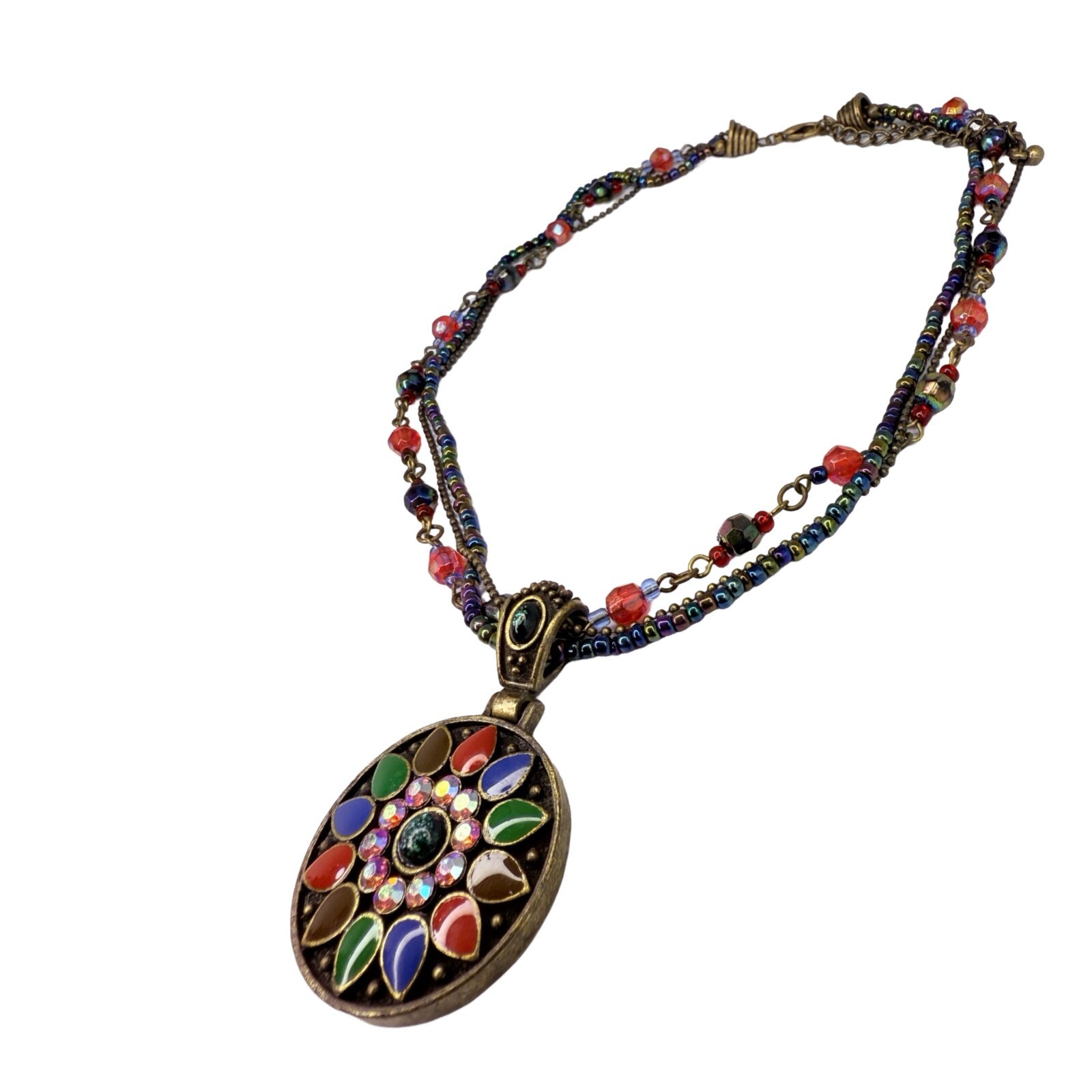 Multicolor Necklace Statement Pendant 19″ Beaded Layered Chain Bohemian