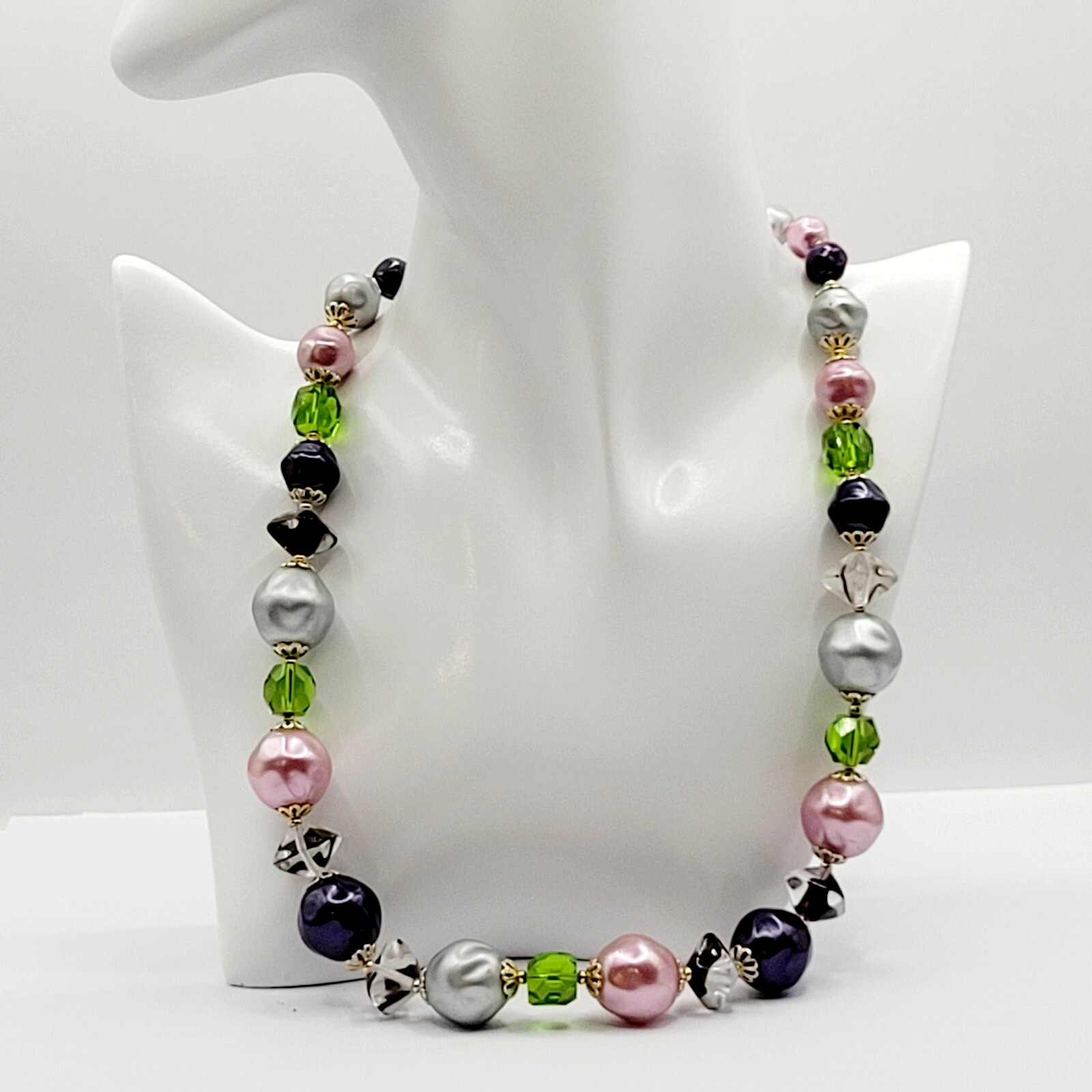 Colorful Glass & Faux Pearl Style Multi Color Shape Bead Vintage Necklace 21 In