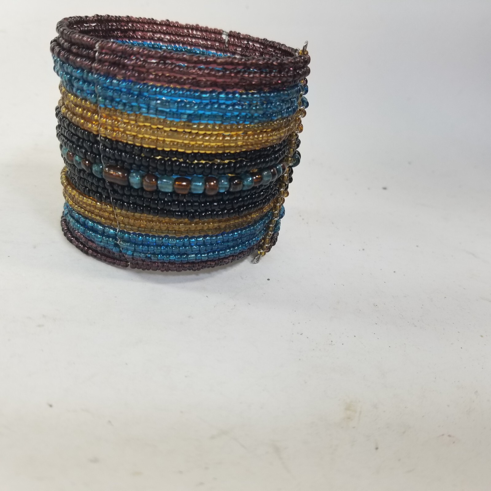 Seed Bead Cuff Bracelet Blue Yellow Black Boho Extra wide