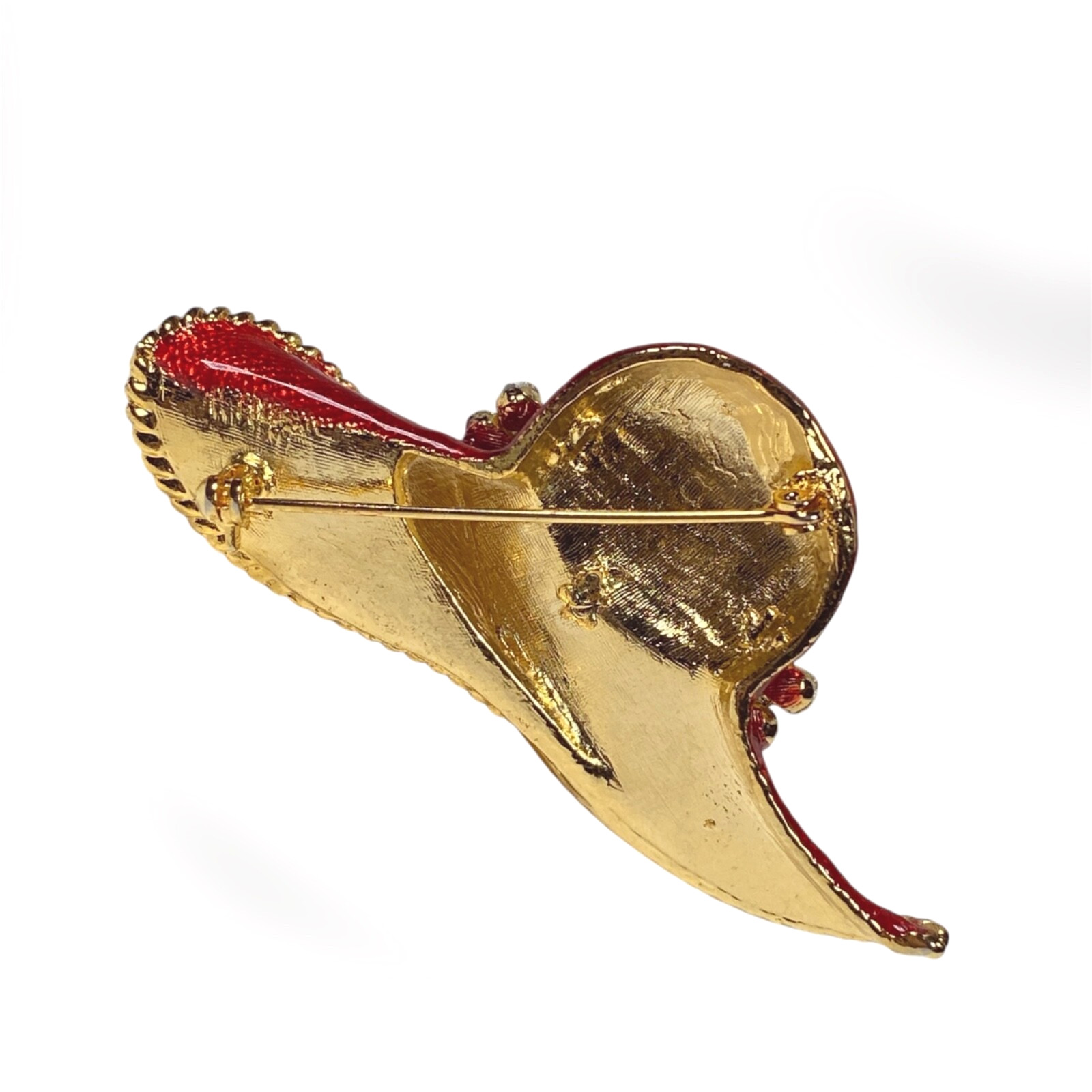Vintage Red Hat Brooch Aurora Borealis Gold Tone Rhinestone Flower Enameled Pin