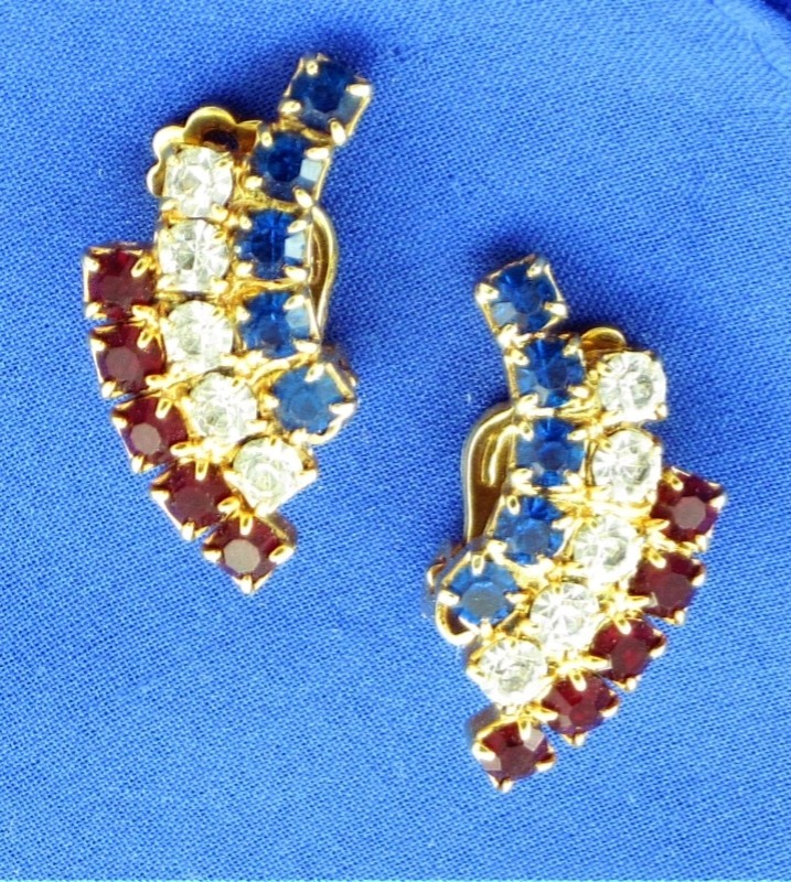 Vintage 50s Rhinestone Clip Earrings; Red White Blue Gold Tone Patriotic