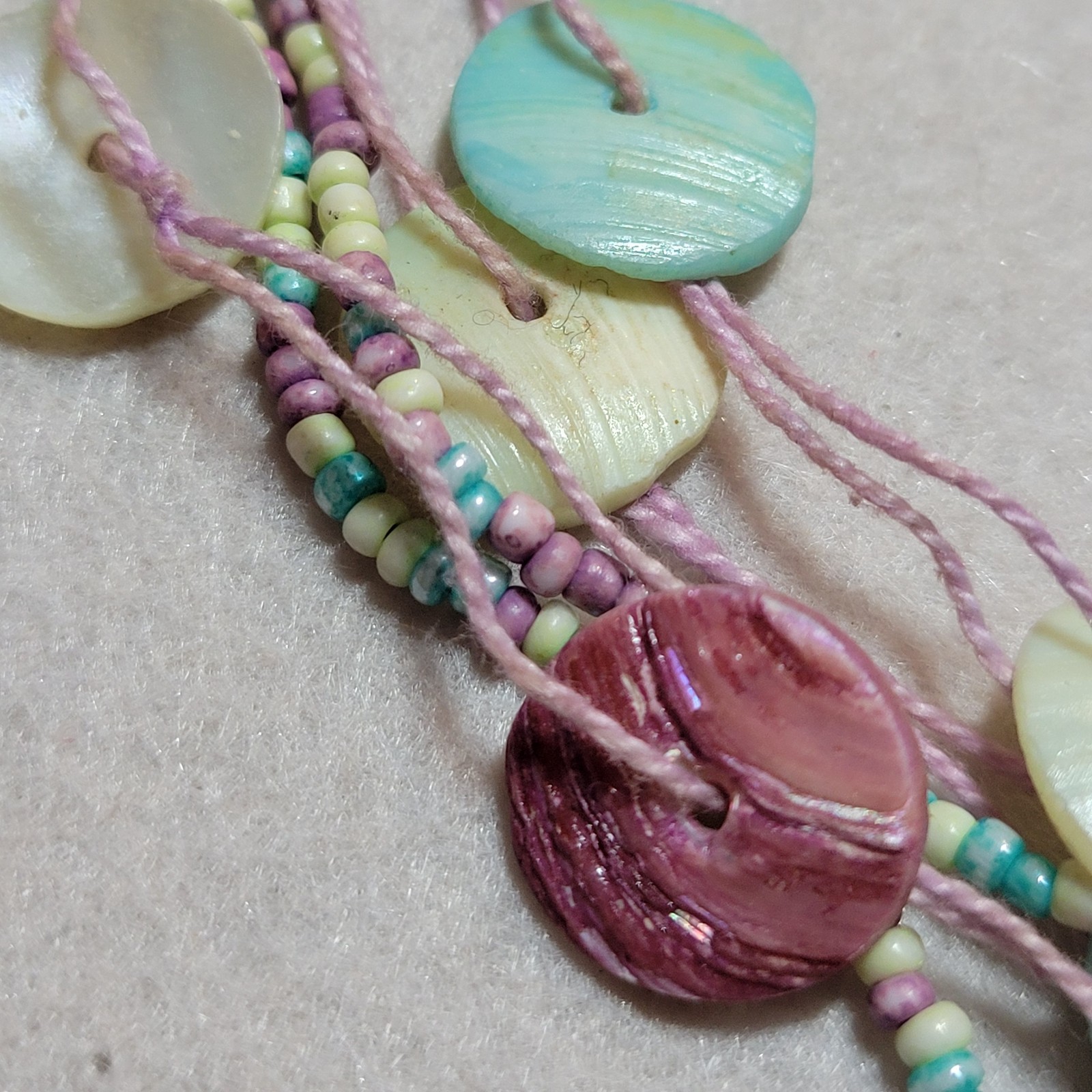 Vintage Pastel Shell & Beads Layered Necklace Pink Blue Green Ocean Boho Mermaid