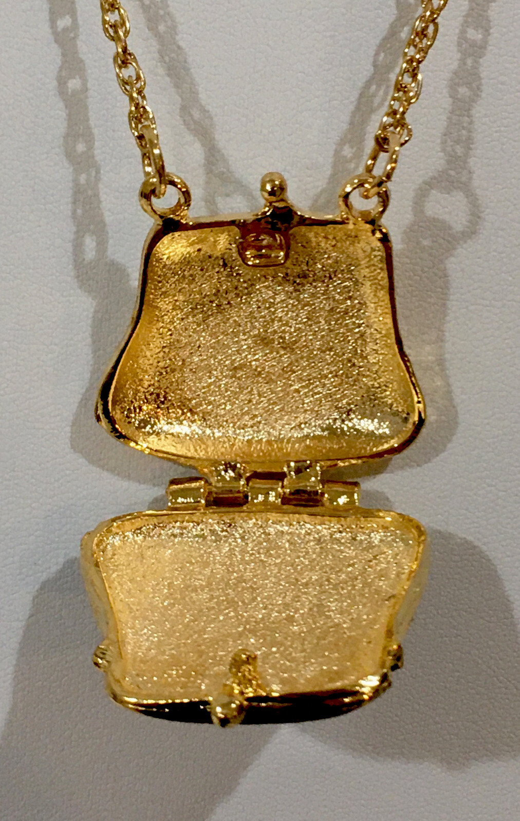 Vintage Black Enamel Crystal Purse Locket Necklace 32” Pendant New Gold Plated