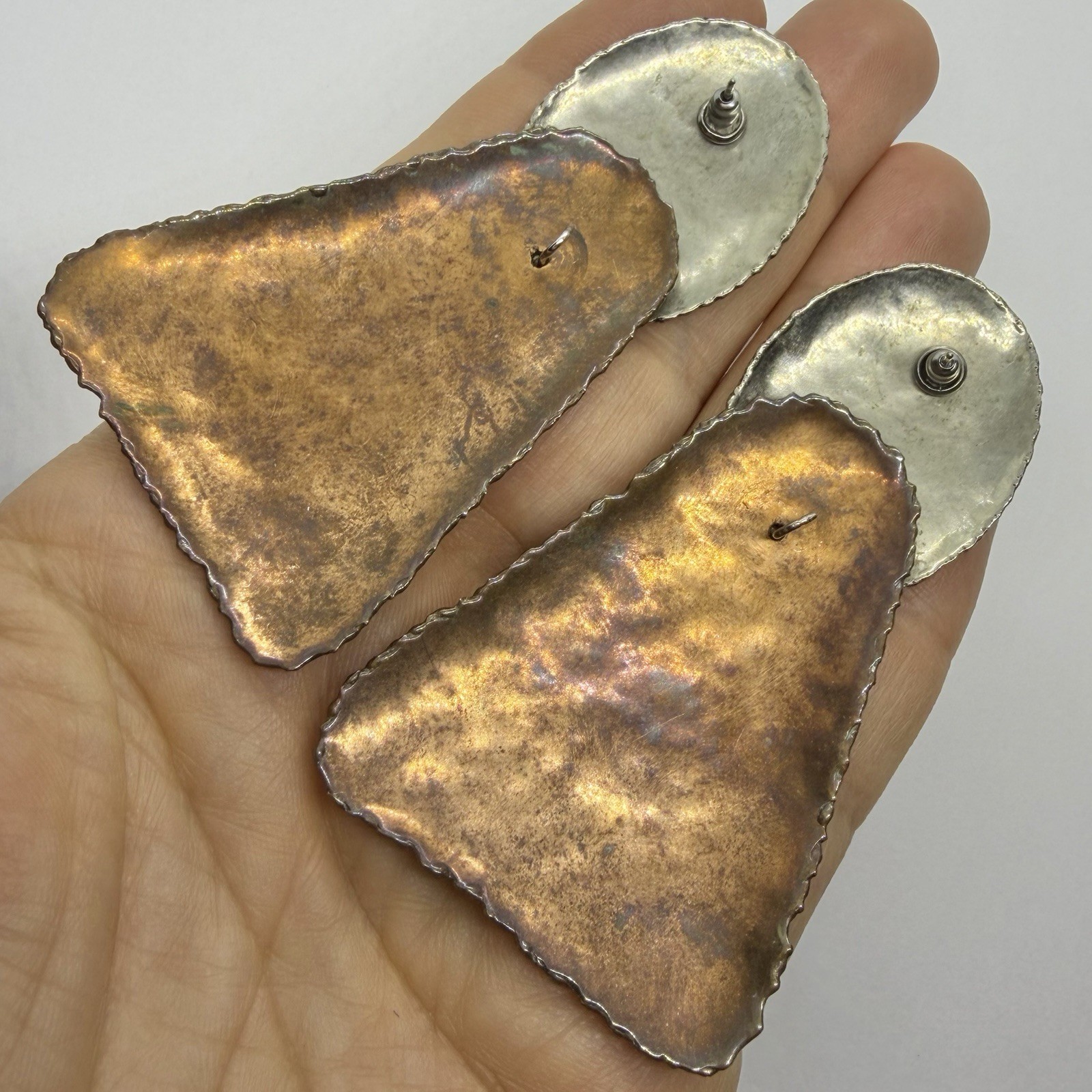 Vtg Big Artisan Mixed Metal Brutalist Statement Earrings Geometric Post Hammered
