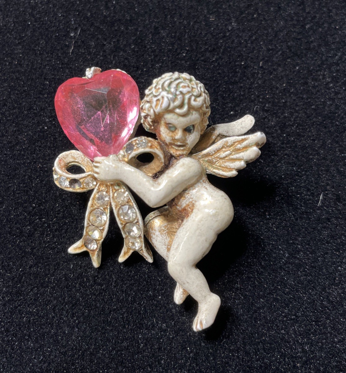 Vintage Florenza Pink Crystal Jeweled Heart white Tone Cherub Angel Pin Brooch