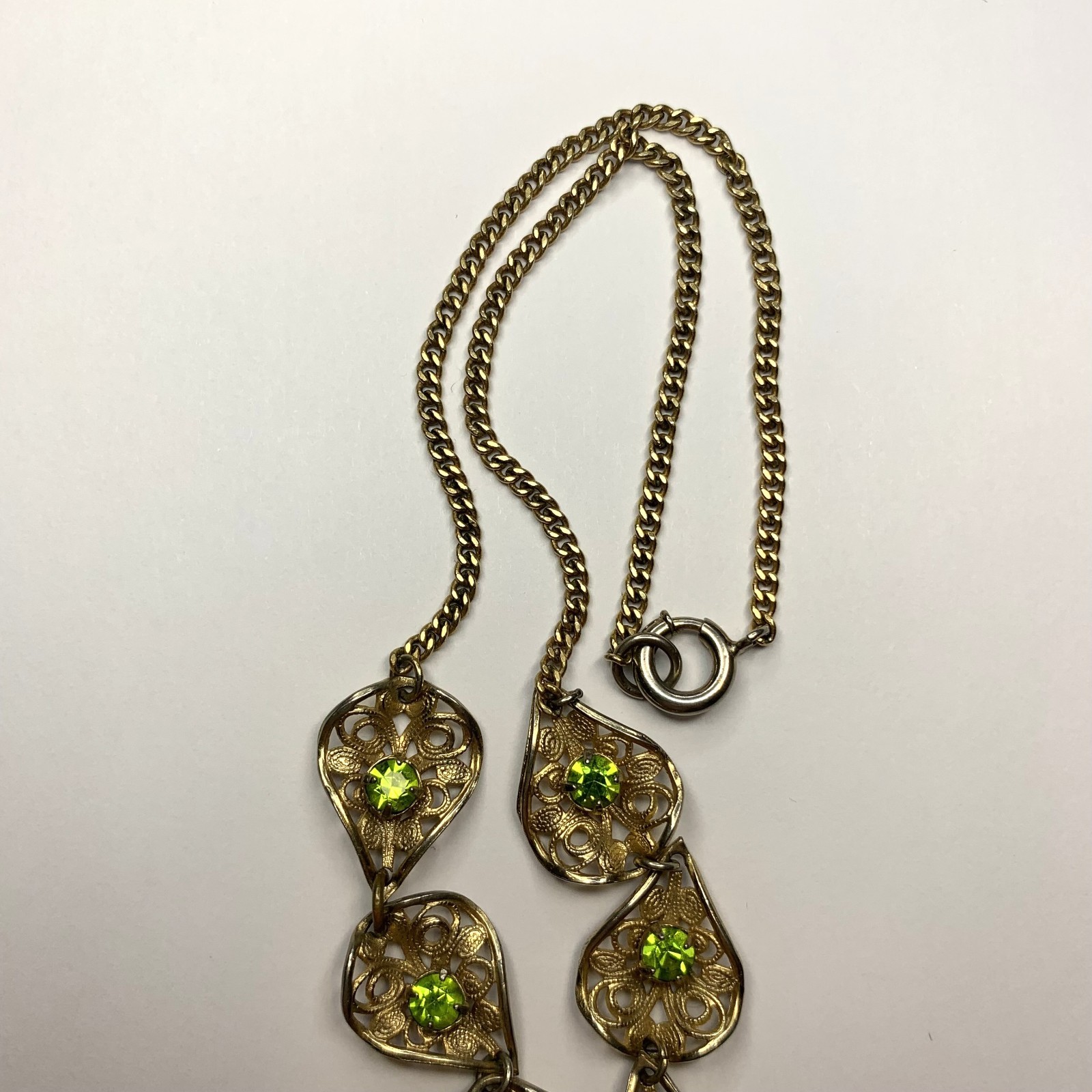 Vintage Gold Tone Necklace Filigree Petals With Lime Green Rhinestones 22”