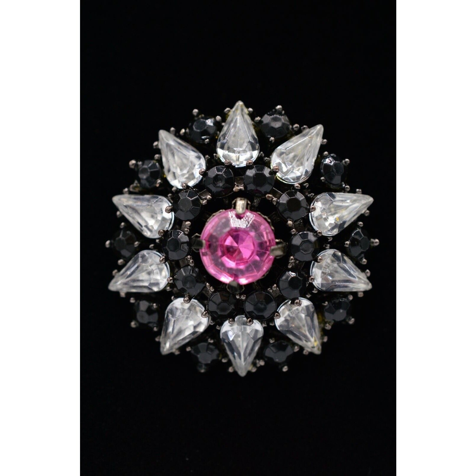 Vintage Pink Crystal Starburst Pin Brooch Rhinestone Black Gunmetal 1980s Bin5B