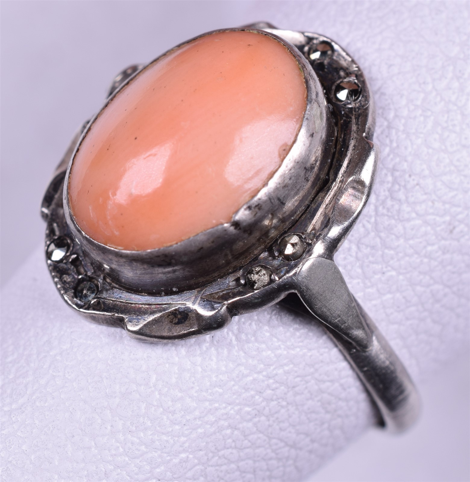 Sterling Antique Coral Marcasite Ring Size 6.5