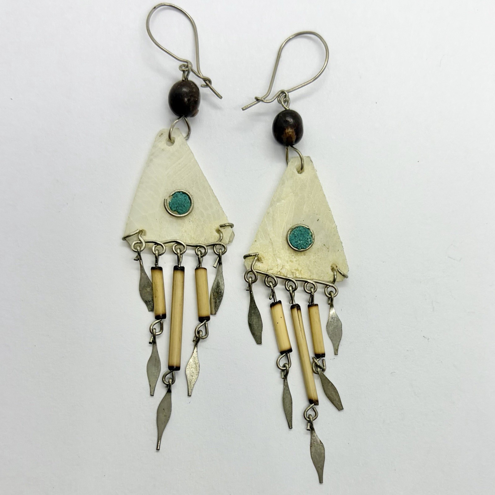 Vtg Tribal Scale Bamboo Chandelier Dangle Earrings Hook Ethnic Nature