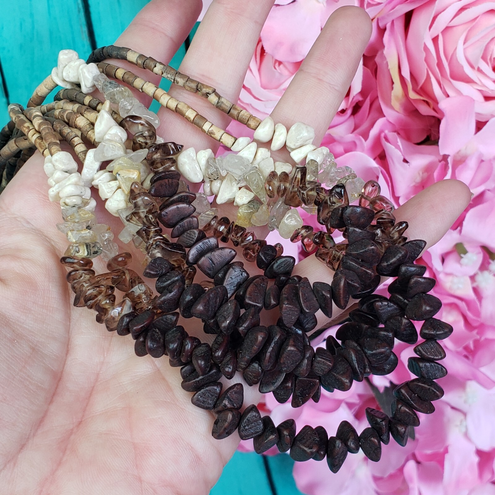COLDWATER CREEK Quartz Stone & Wood Beaded Multi Strand Necklace Brown Boho