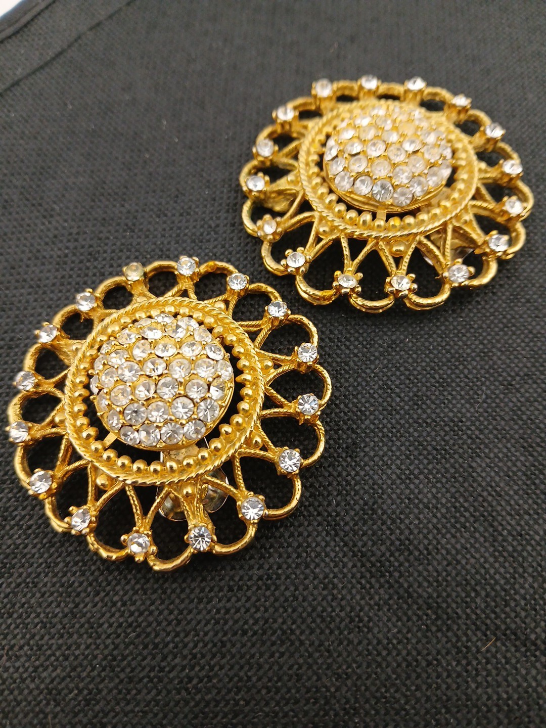 HUGE 1980 gold-tone pave clear crystals open metal work round clip-on earrings