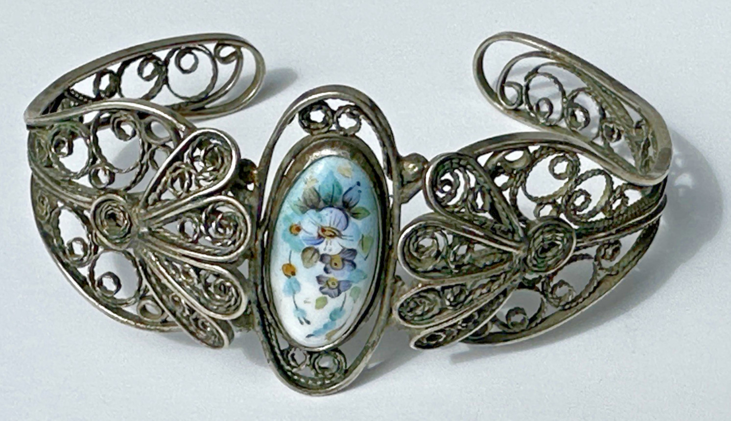 Vintage Painted Floral Motif Enamel Cuff Bracelet W/ Ornate Filigree