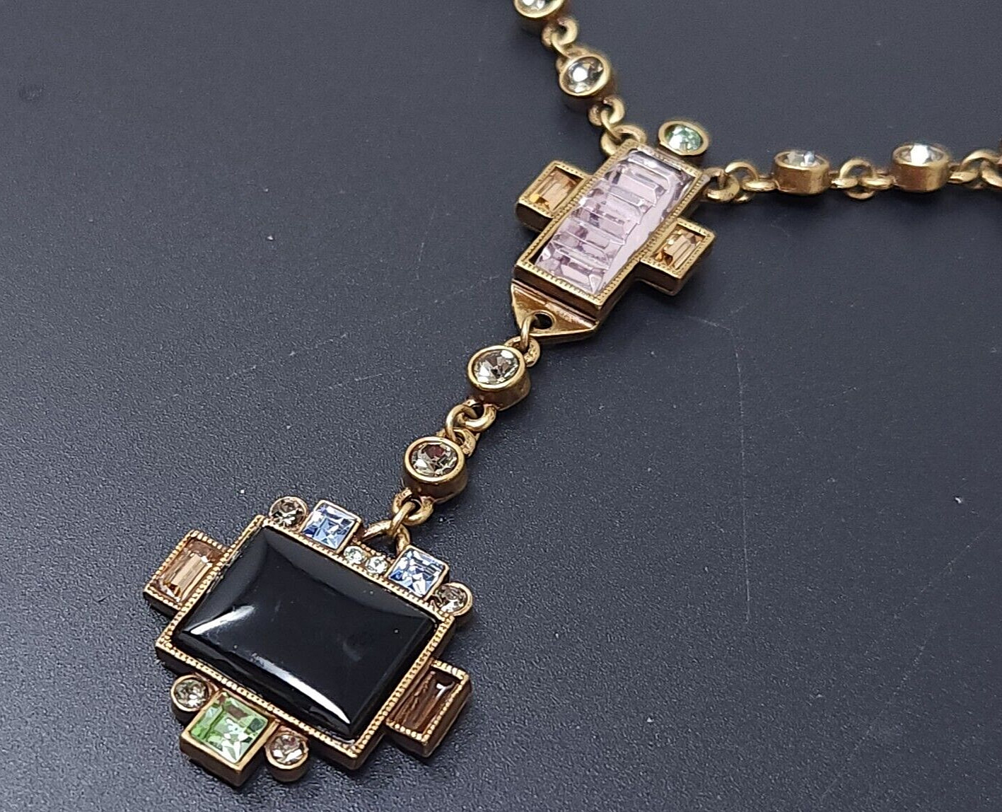 Vintage Sweet Romance Multicolor Rhinestone Art Deco Gold Tone Necklace 19″