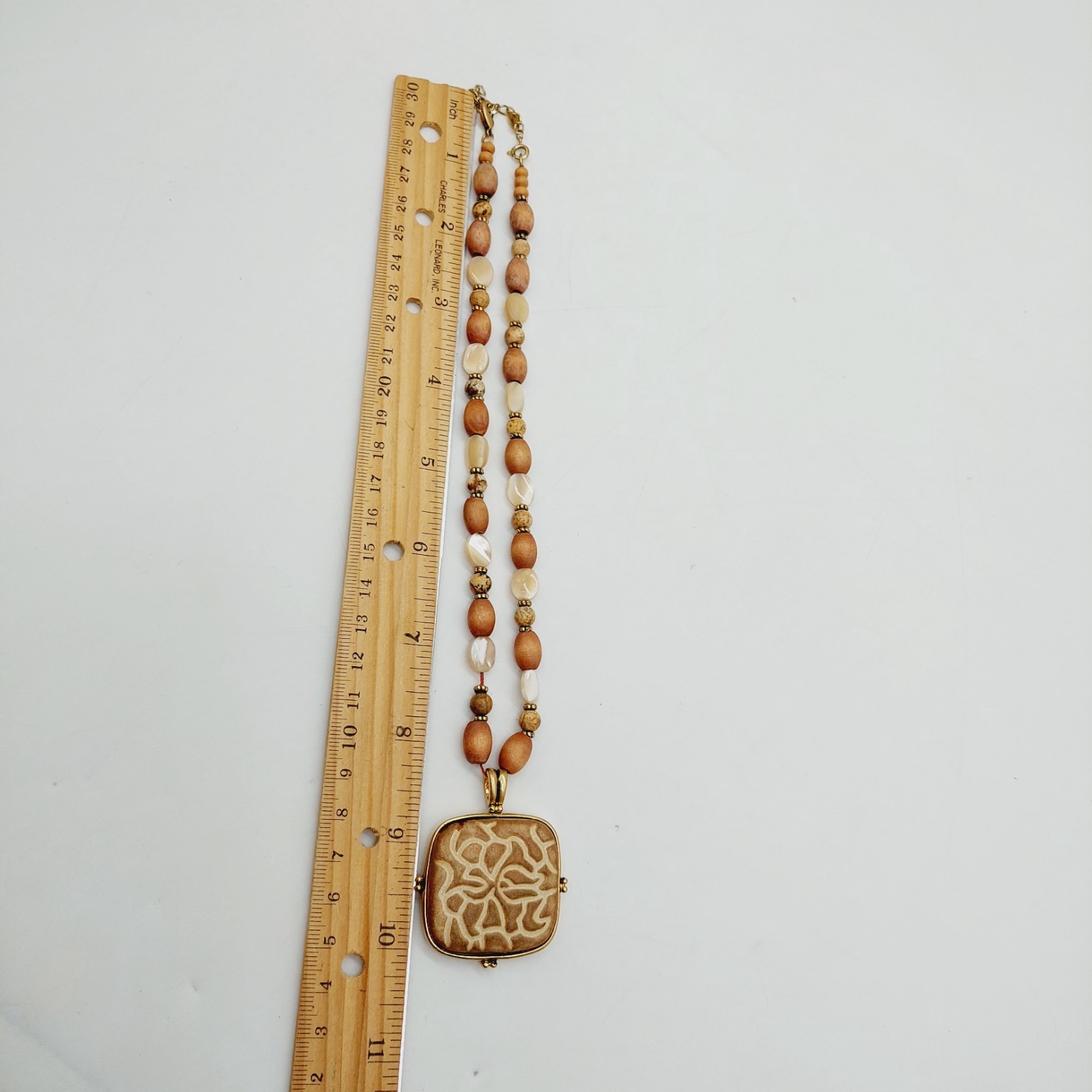 Monet Wood Shell Beads Ceramic Pendant Necklace