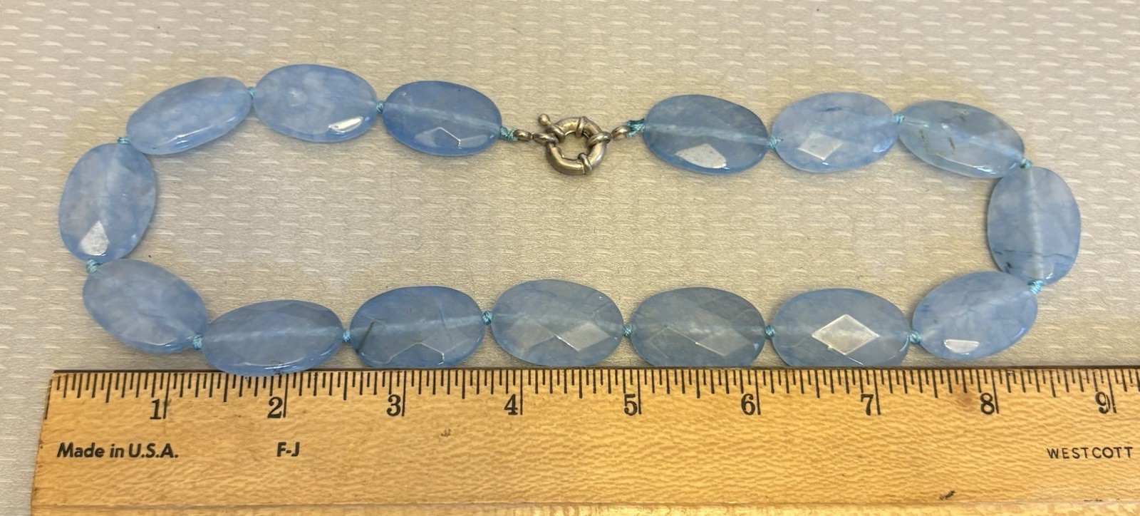 Chalcedony Necklace Natural Blue Quartz Agate Faceted Beads 20″ Chunky Strand