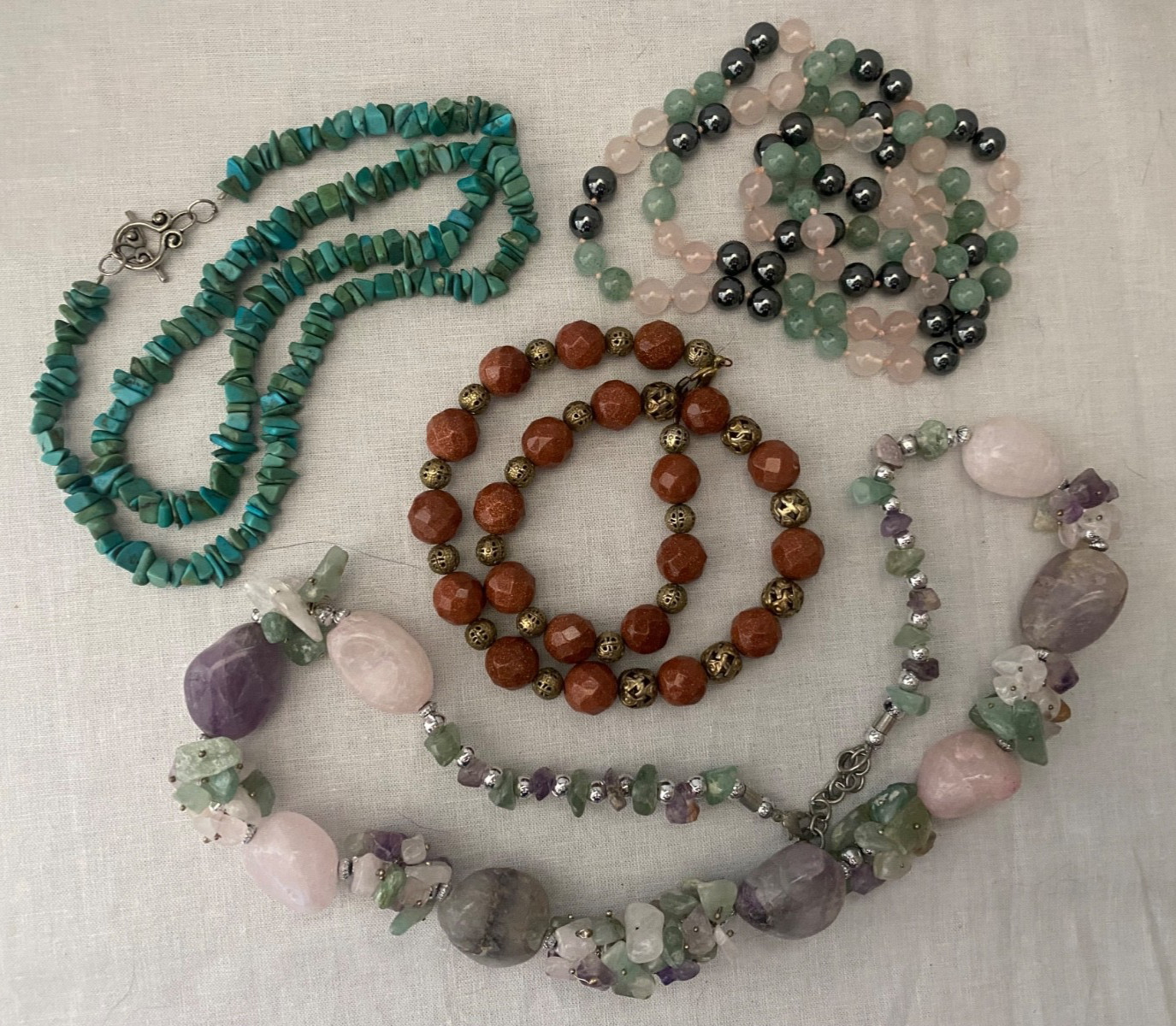 Lot 15 Vintage Semi-Precious Gemstone Jewelry Malachite Turquoise Jade Quartz