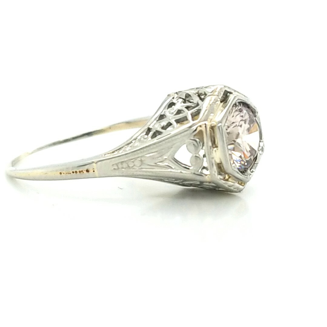 18k White Gold Vintage Engagement Ring 1.10ct.Euro Cut Round Champagne Diamond