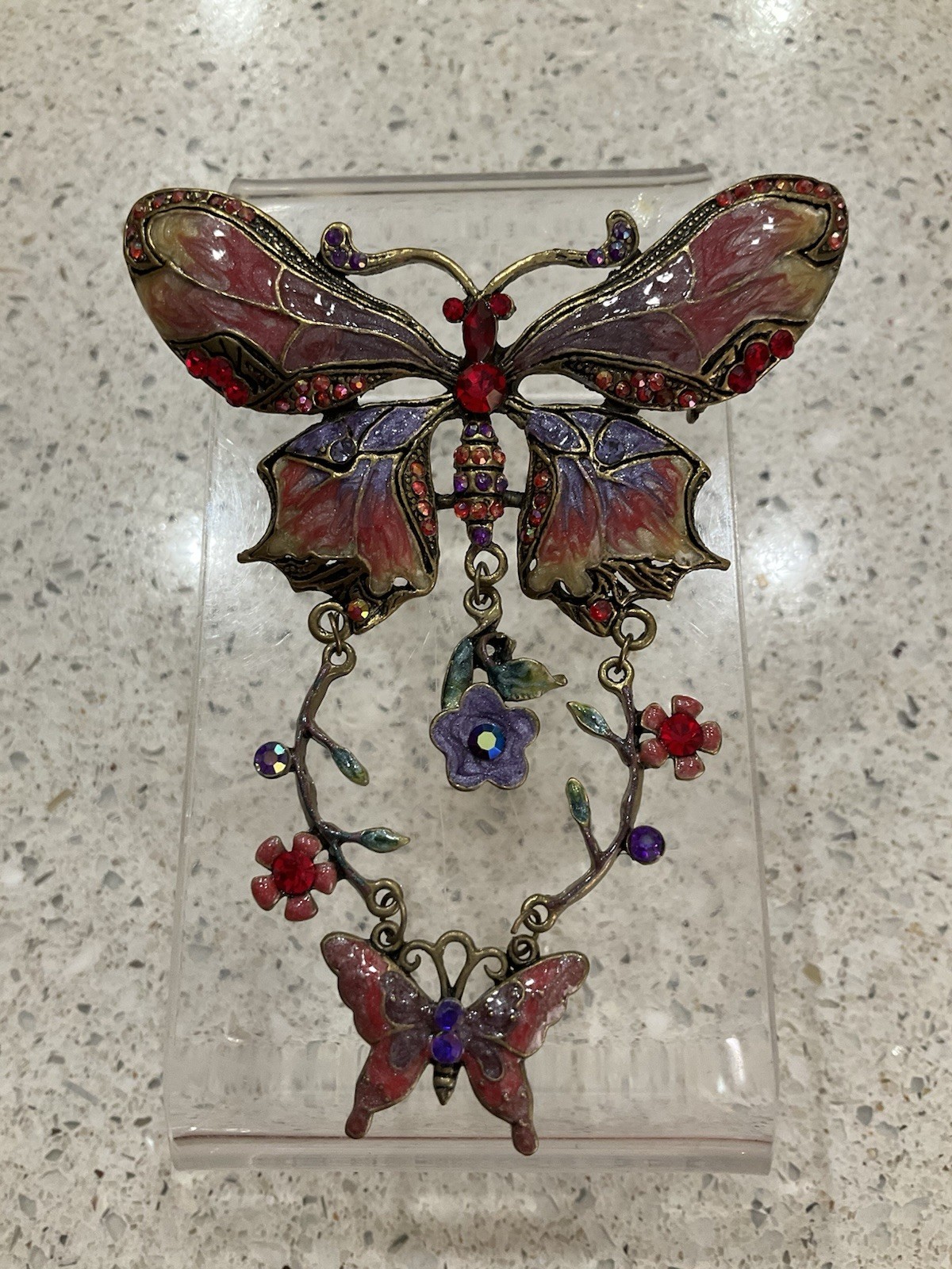 Vintage Enameled Butterfly Dangle Brooch Pin Rhinestone Whimsical Fantasy