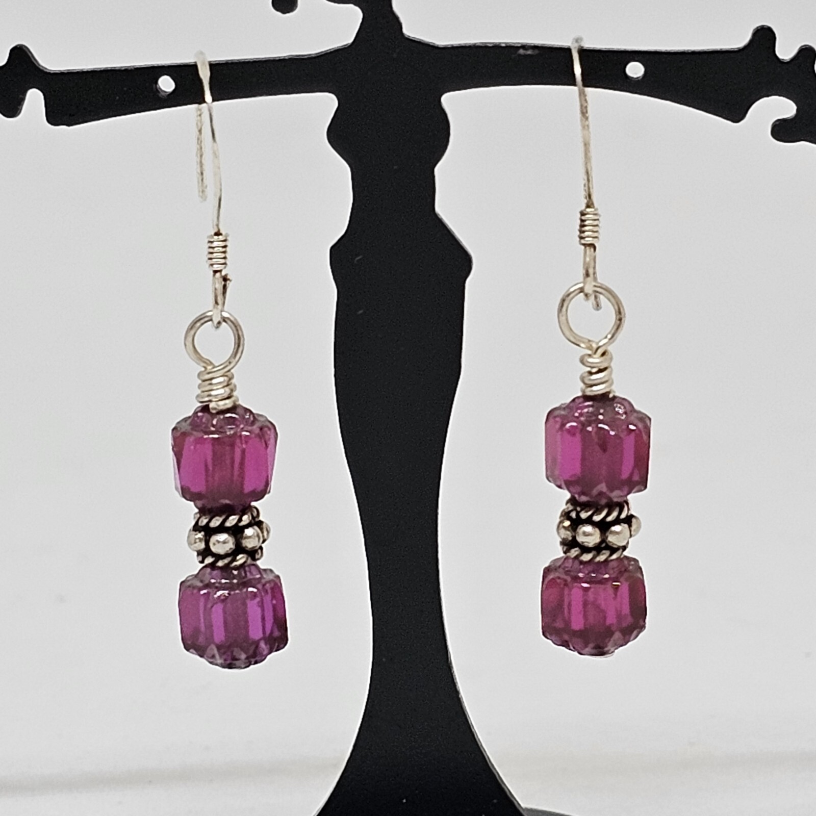 925 Sterling Silver – Fuchsia Red Glass Crystal Bead Drop Dangle Earrings