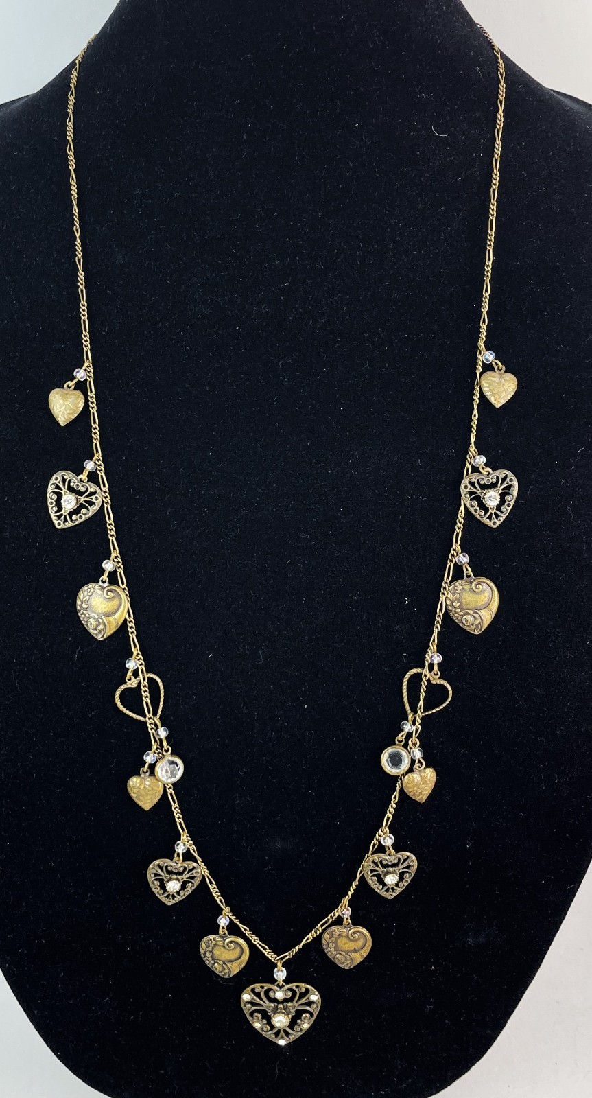VTG 90s GLASS WORKS STUDIO Brass BOHO Heart charms Necklace 64″