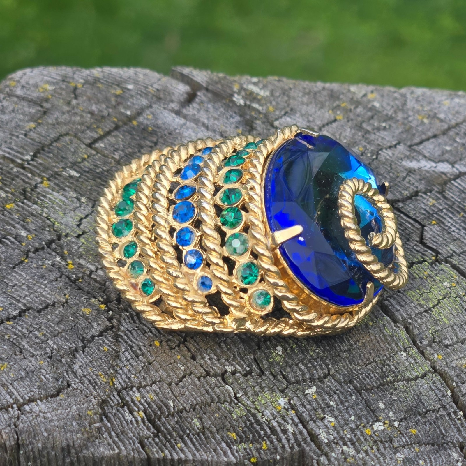 Vintage Corocraft Blue Glass Brooch Rhinestone Designer Jewelry Egyptian Revival