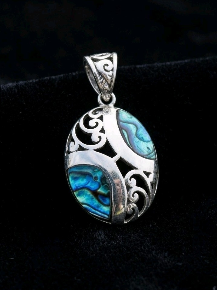 Abalone Pendant Sterling Silver Paua Shell Necklace Bali Swirl Filigree 925