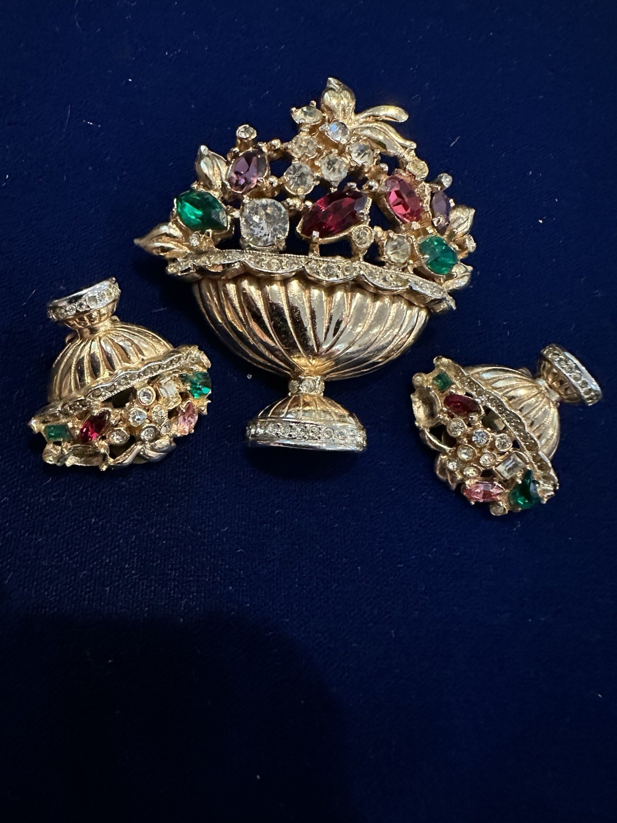 Coro Pegasus Signed Rhinestone Basket Brooch/Pin & Earrings Set Amazing READ