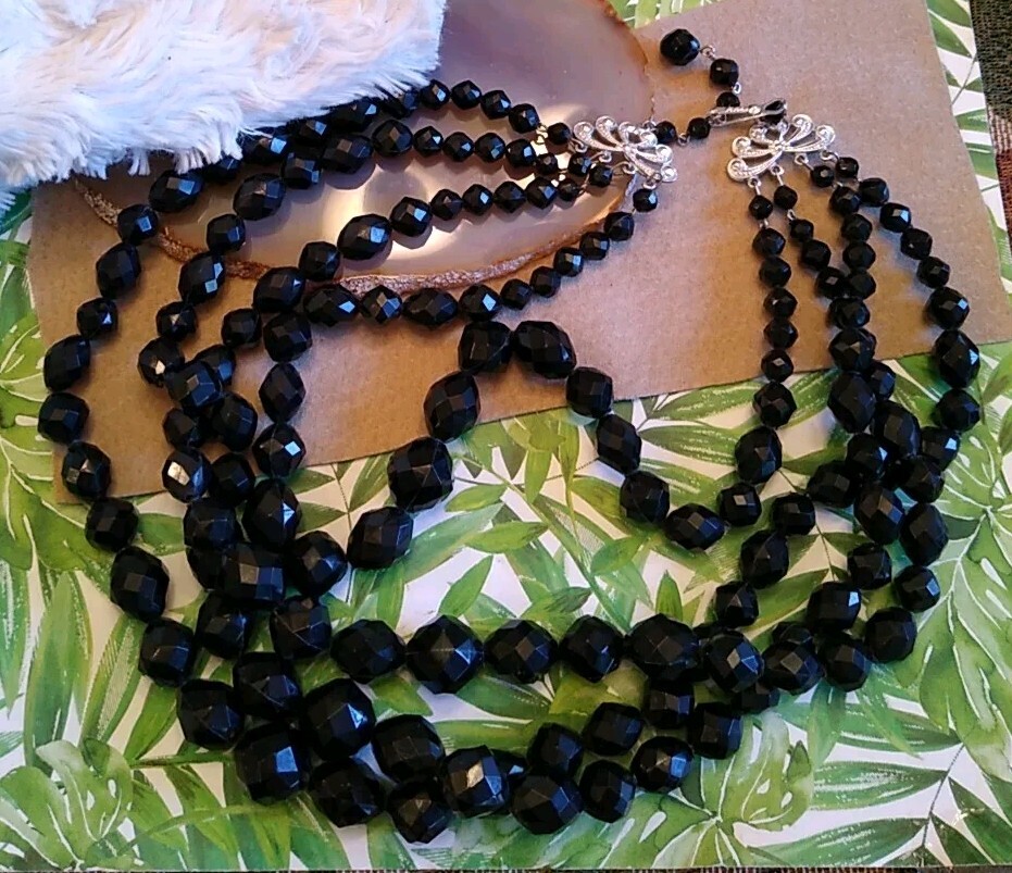 VTG Stamped “GERMANY” Only Plastic Black Faceted Bead Triple Strand Necklace!