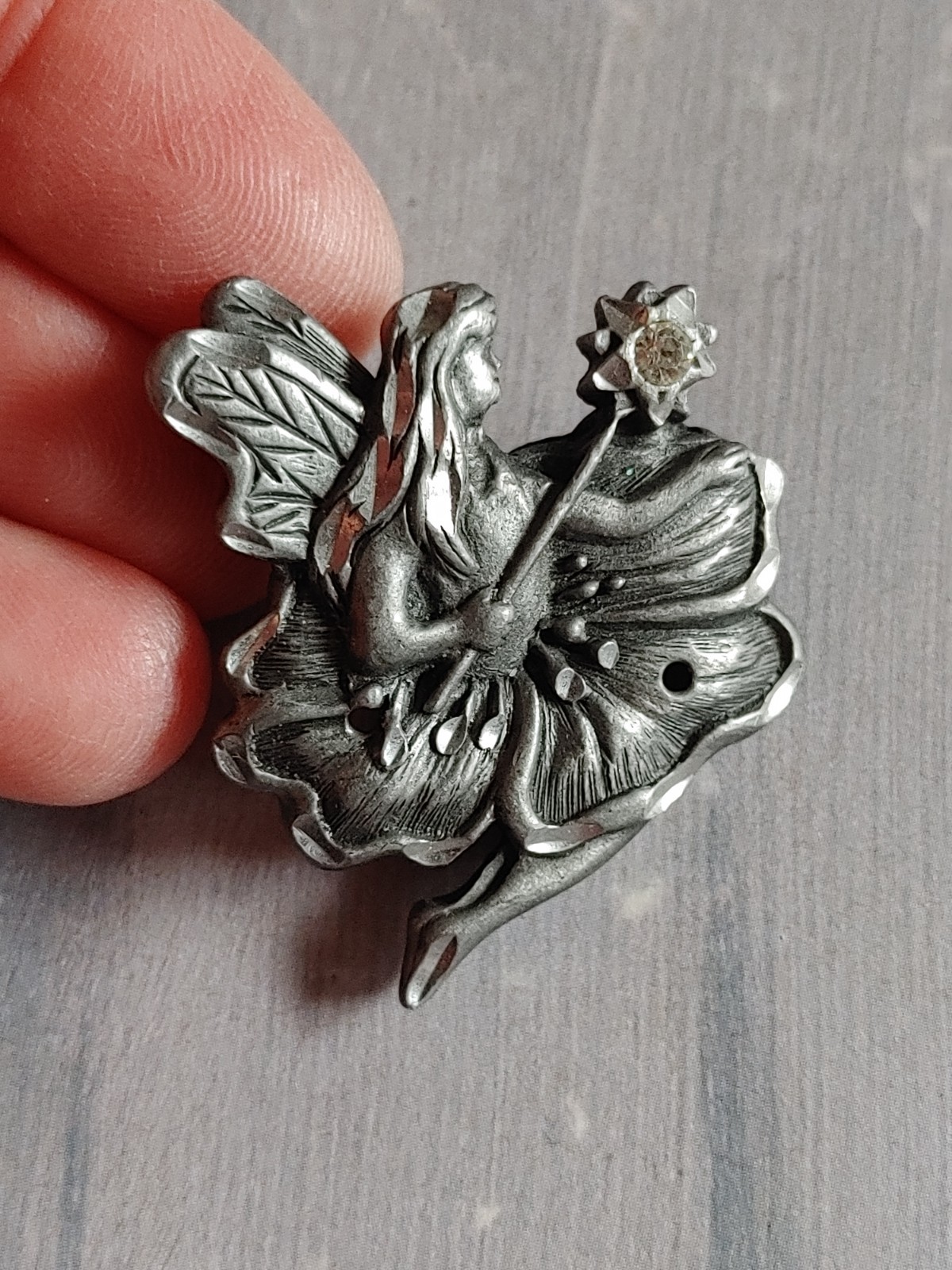Vintage brooch fairy faerie pewter metal wand crystal rhinestone