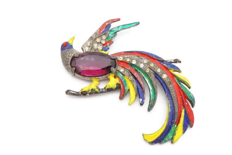 Vintage Brooch Pin Silver Tone Purple Rhinestone Enamel Peacock