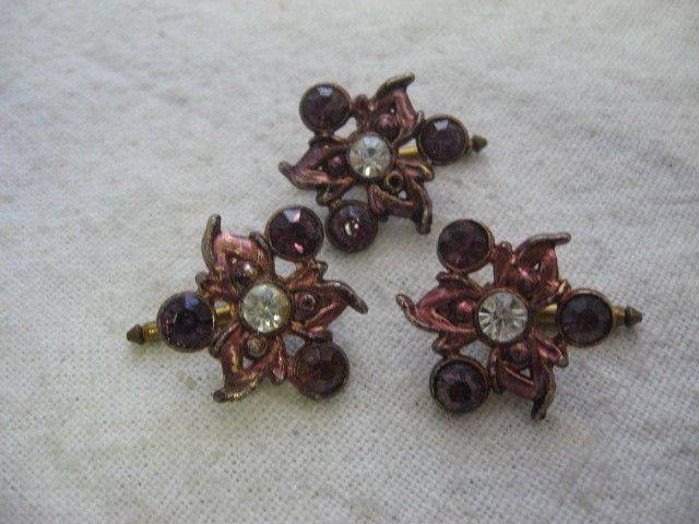 Vintage Set of 3 Purple Rhinestone Flower Shirt Studs Dress Pins Enamel Finish