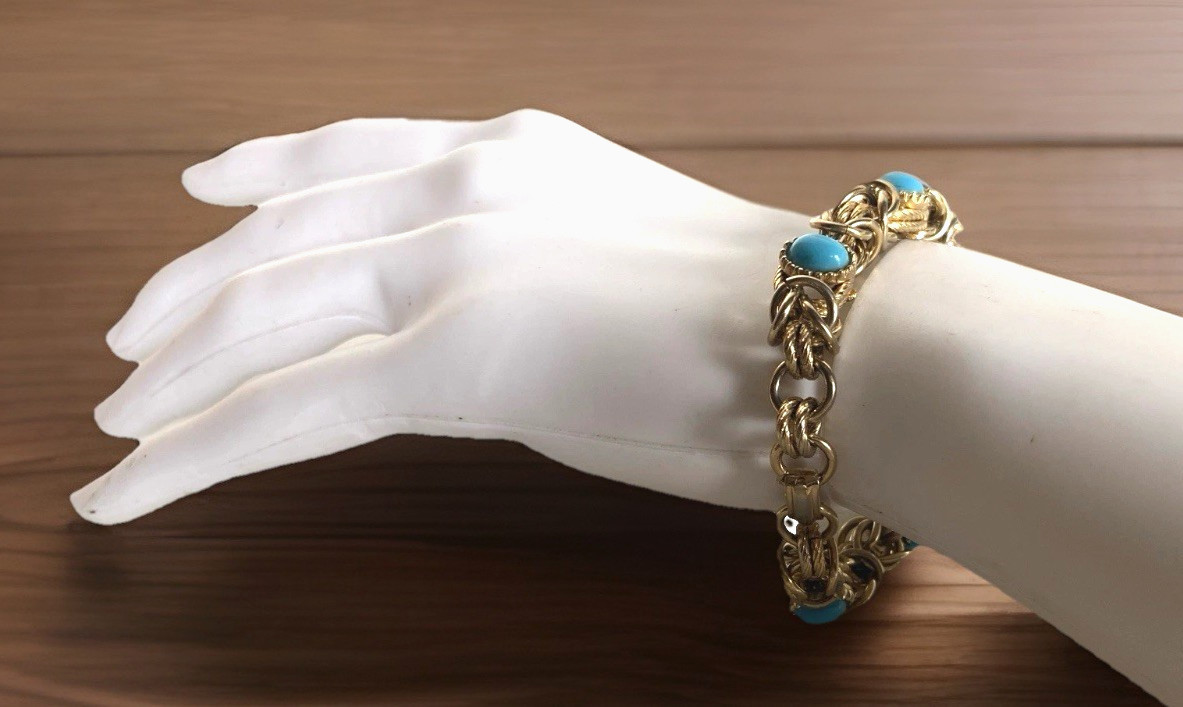 Small Vintage Gold Tone Byzantine Style Faux Turquoise Link Bracelet 6-1/4″ Long