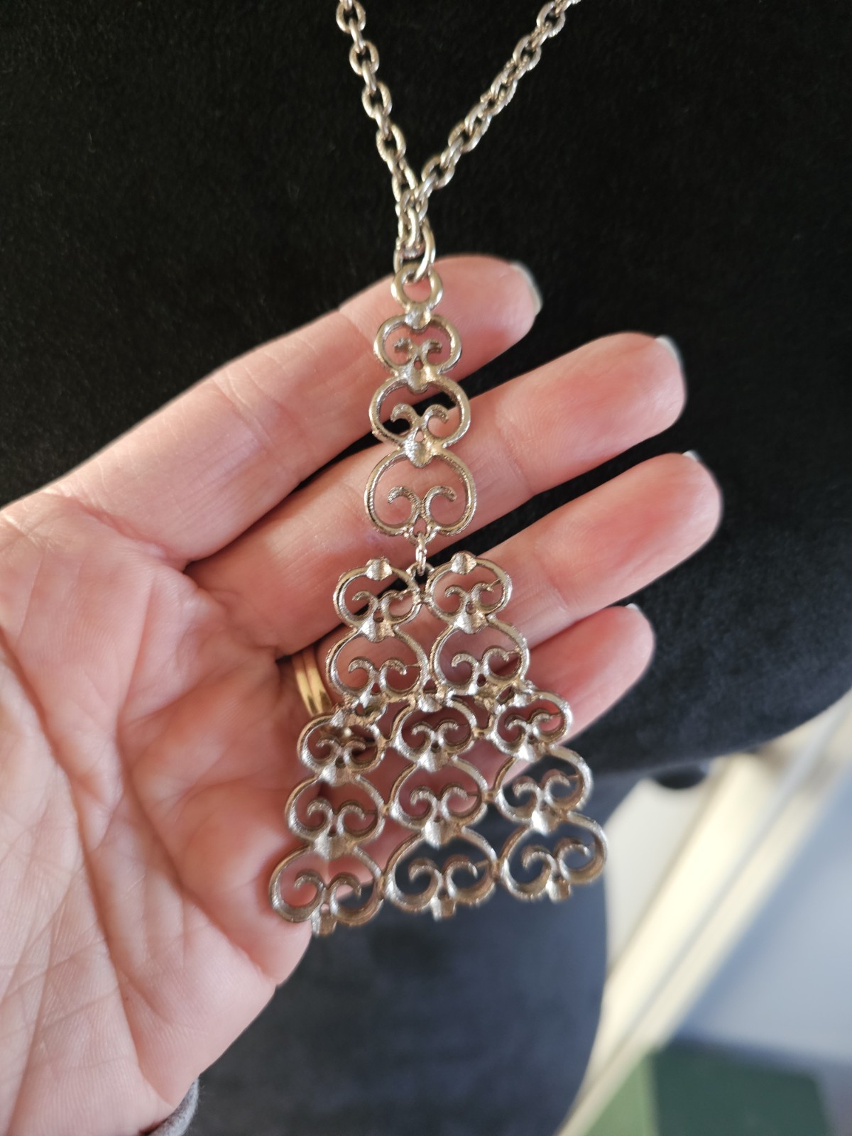 Vintage Brutalist Scroll Tree Pendant Necklace Silvertone Textured Chain
