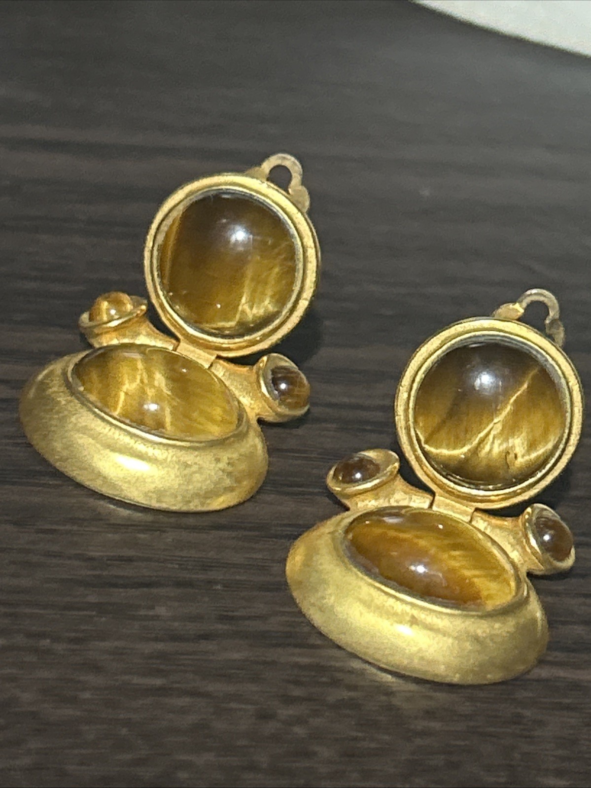 JADED Jewels 22k Gold Plated Beautiful Door Knocker Tiger Eye Clip On Earrings