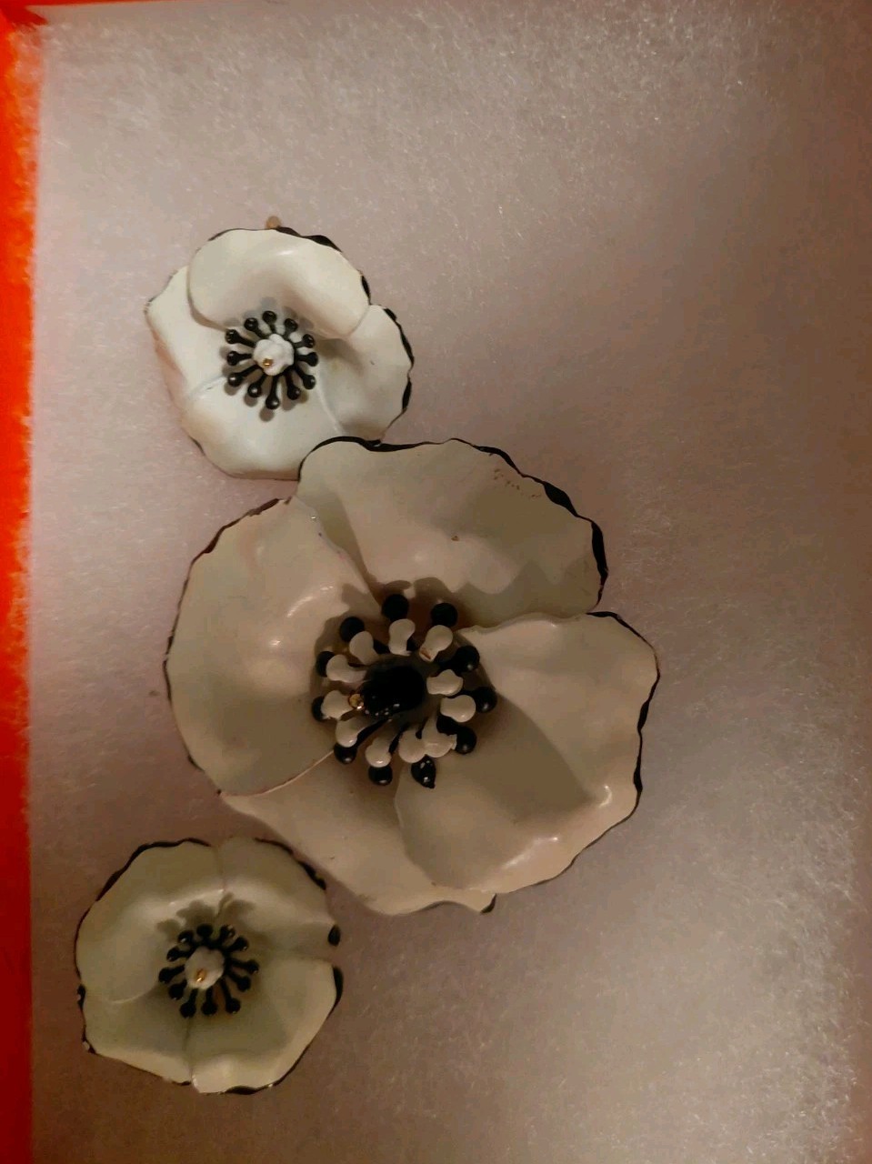 Vintage Signed ART Brooch White Black Peony Enamel Flower &Clip Earring 60 era