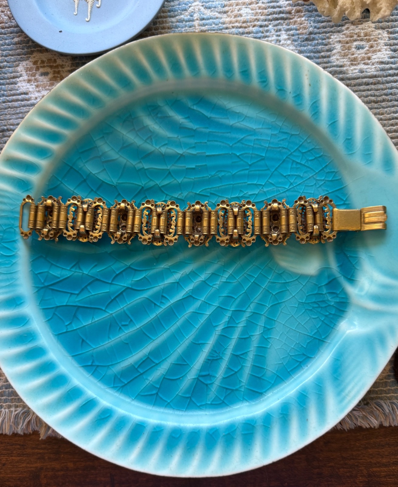 Fab Vintage Victorian Revival Cast Gold Wash Bracelet purple turquoise pearl
