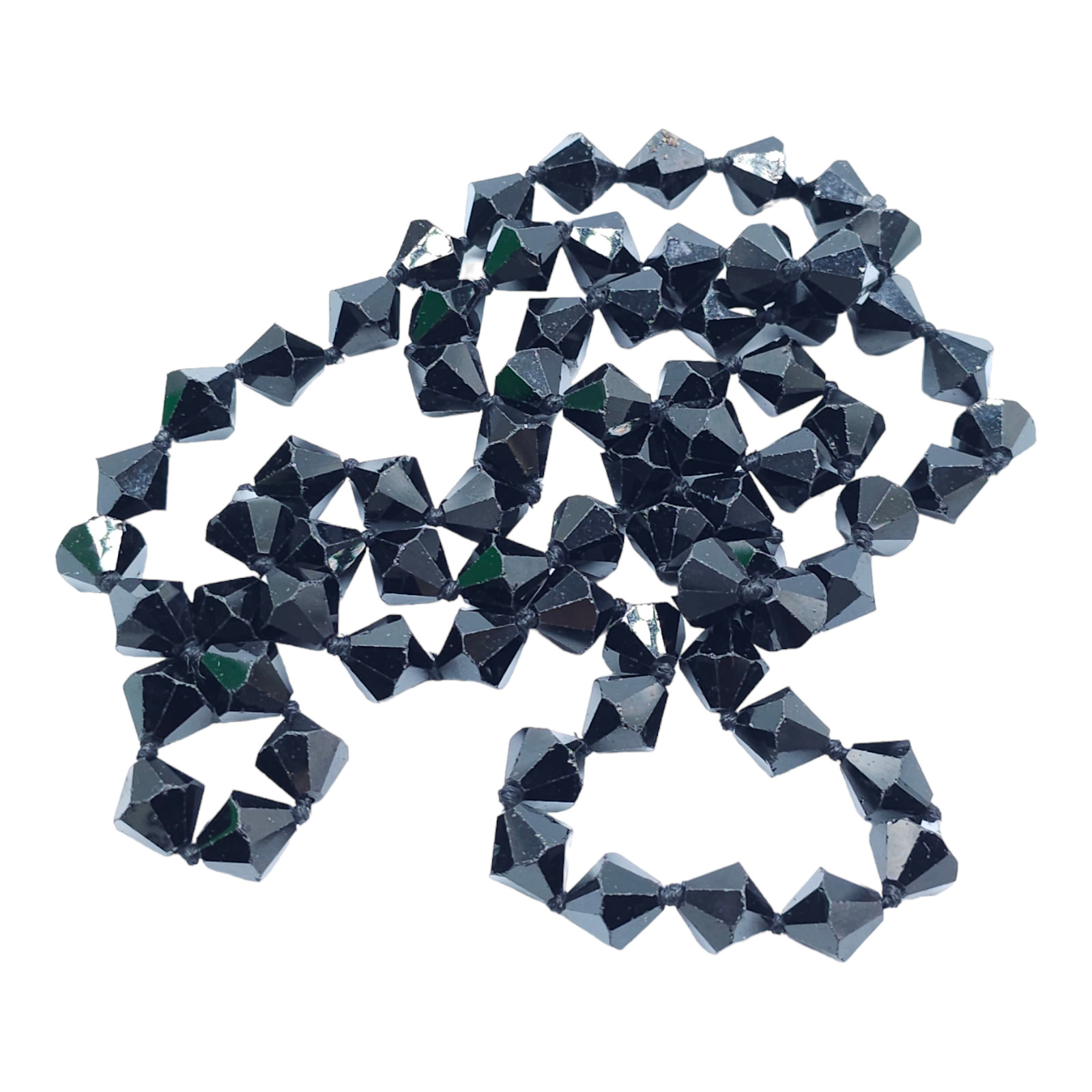 Black Bicone Crystal Cut Beaded Long Hand Knotted No Clasp Necklace Vintage