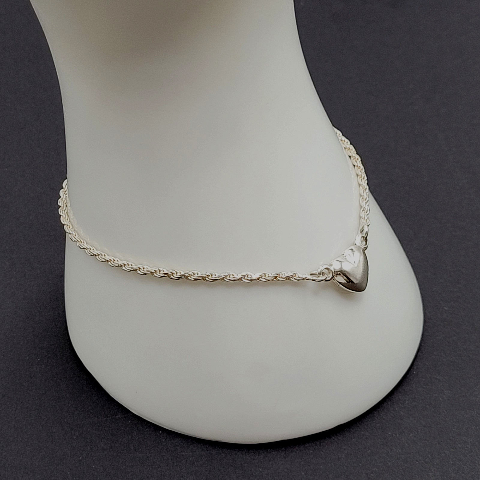 Minimalist Dainty Puffed Heart Station 925 Sterling Rope Chain Bracelet 7.25 in