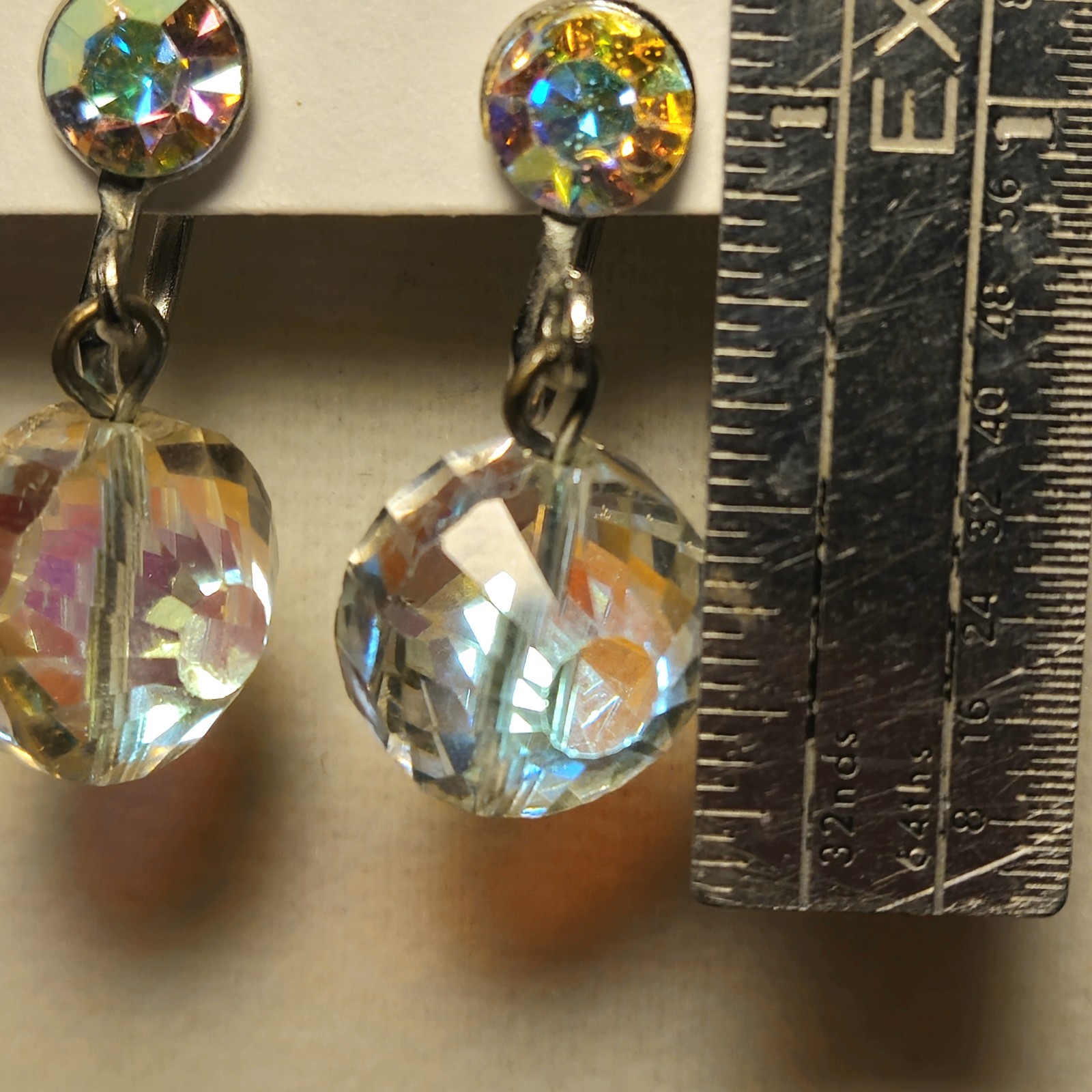 Clear Crystal Prism Earrings • Acrylic Dangle Ball • Silver Tone • 1 Inch