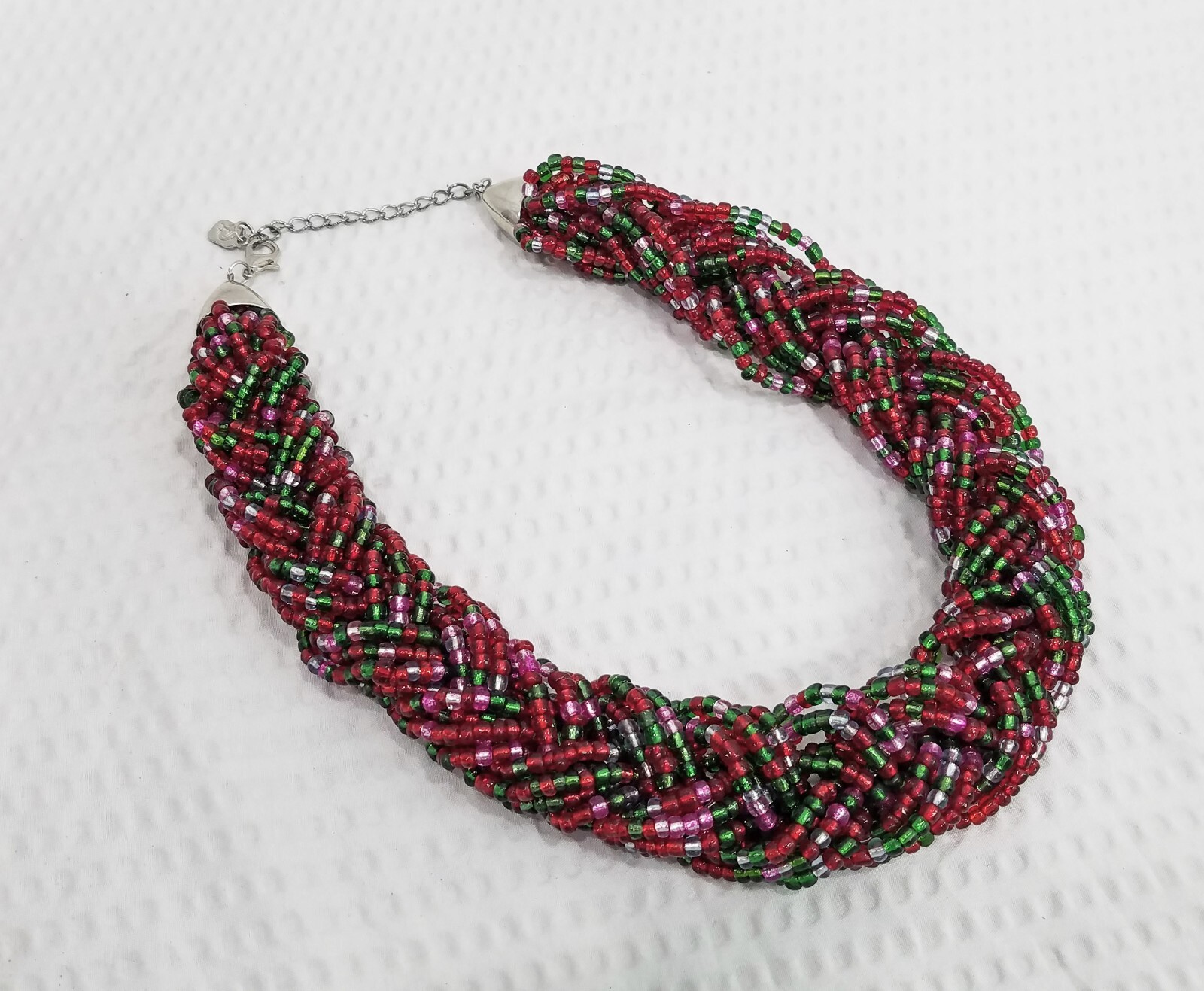 Vintage Signed You & I Burgundy Pink and Green Braided Seed Beed Choker Necklace