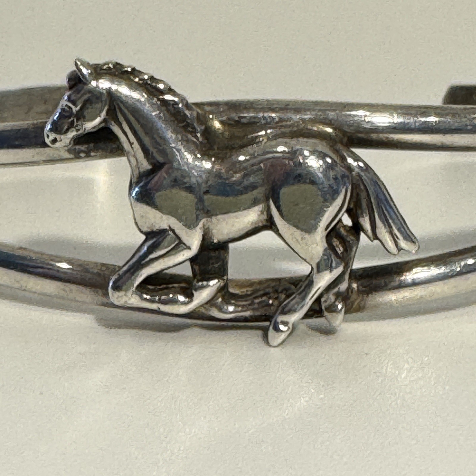 Vintage Signed Sterling Silver Double Cuff With Running Horse Bracelet