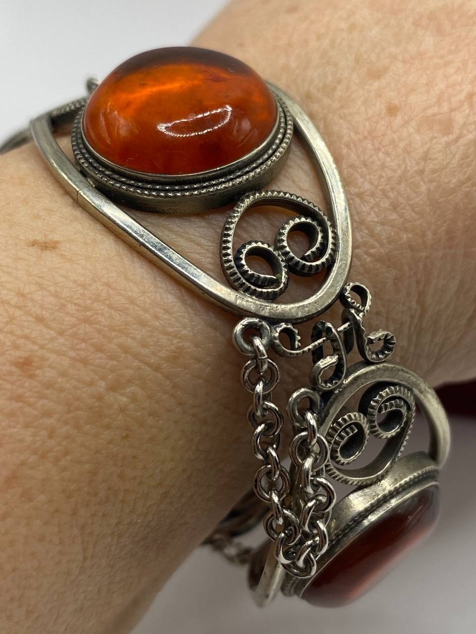 Antique Soviet filigree Chalcedony Silver Bracelet Hand Crafted